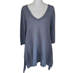 eileen fisher blue gray linen blend v-neck tunic lightweight sweater size medium